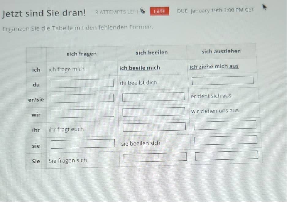 Jetzt sind Sie dran! 3 ATTEMPTS LEFT LATE DUE January 19th 3:00 PM CET
Ergänzen Sie die Tabelle mit den fehlenden Formen.