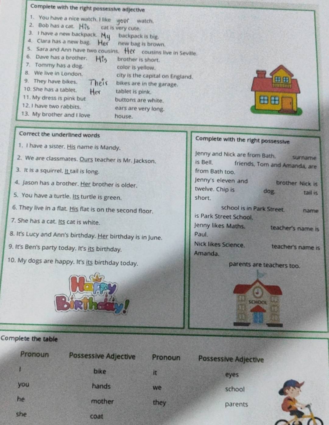 Complete with the right possessive adjective 
1. You have a nice watch, I like you watch. 
2. Bob has a cat. cat is very cute. 
3. I have a new backpack. backpack is big. 
4. Clara has a new bag. _ new bag is brown. 
5. Sara and Ann have two cousins. Her cousins live in Seville. 
6. Dave has a brother. brother is short. 
7. Tommy has a dog. color is yellow. 
8. We live in London. city is the capital on England. 
9. They have bikes. bikes are in the garage. 
10. She has a tablet. tablet is pink. 
11. My dress is pink but buttons are white. 
12. I have two rabbits. ears are very long. 
13. My brother and I love house. 
Correct the underlined words Complete with the right possessive 
1. I have a sister. His name is Mandy. 
Jenny and Nick are from Bath. surname 
2. We are classmates. Ours teacher is Mr. Jackson. is Bell. friends, Tom and Amanda, are 
3. It is a squirrel. It tail is long. from Bath too. 
Jenny's eleven and brother Nick is 
4. Jason has a brother. Her brother is older. twelve. Chip is dog. tail is 
5. You have a turtle. Its turtle is green. short. 
school is in Park Street. name 
6. They live in a flat. His flat is on the second floor. is Park Street School. 
7. She has a cat. Its cat is white. Jenny likes Maths. teacher's name is 
Paul. 
8. It's Lucy and Ann’s birthday. Her birthday is in June. Nick likes Science. teacher's name is 
9. It's Ben's party today. It's its birthday. Amanda. 
10. My dogs are happy. It's its birthday today. parents are teachers too. 
SCHOOL 
Complete the table 
Pronoun Possessive Adjective Pronoun Possessive Adjective 
1 bike it 
eyes 
you hands 
we 
school 
he 
mother they parents 
she coat