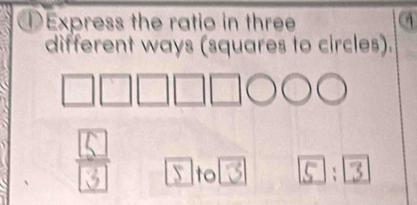 DExpress the ratio in three A 
different ways (squares to circles). 
to
5：3