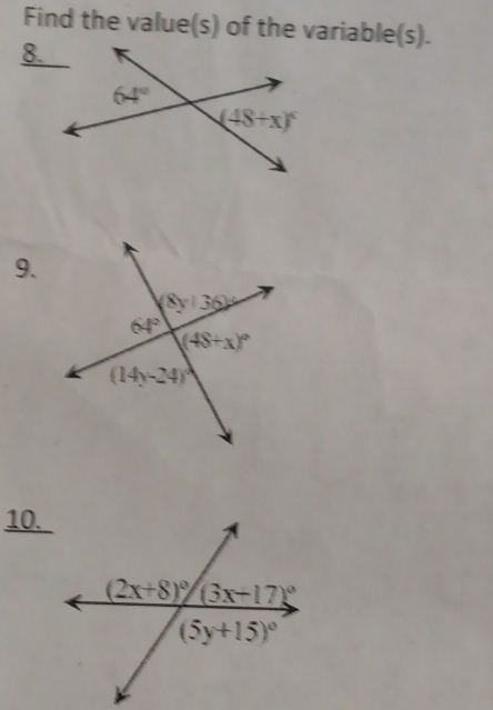 Find the value(s) of the variable(s).
8.
9.
10.