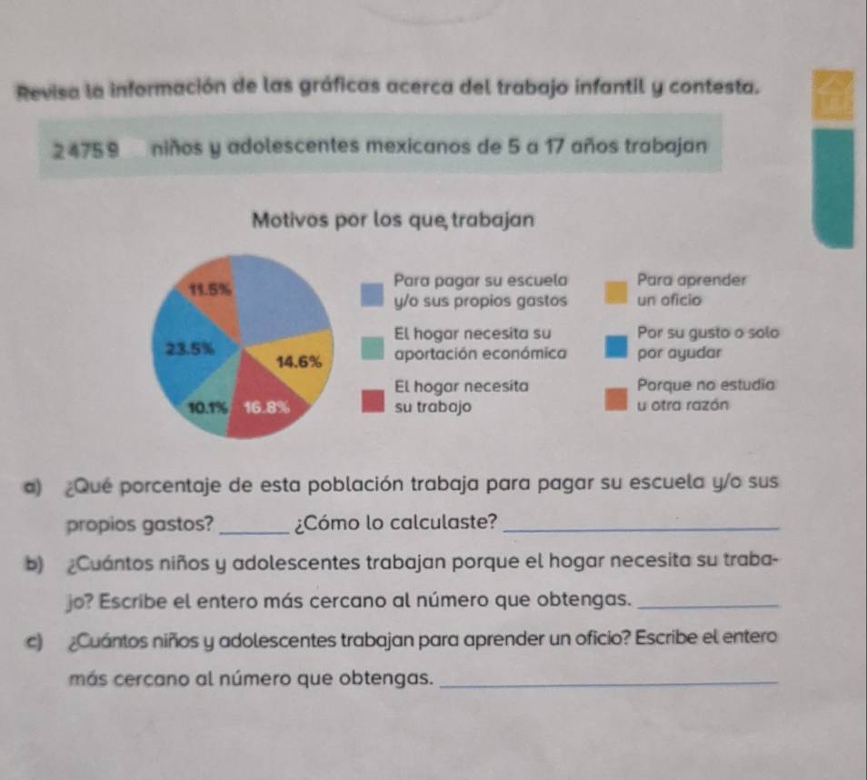 Revisa la información de las gráficas acerca del trabajo infantil y contesta. 
2 4759 niños y adolescentes mexicanos de 5 a 17 años trabajan 
a) ¿Qué porcentaje de esta población trabaja para pagar su escuela y/o sus 
propios gastos? _¿Cómo lo calculaste?_ 
b) Cuántos niños y adolescentes trabajan porque el hogar necesita su traba- 
jo? Escribe el entero más cercano al número que obtengas._ 
) Cuántos niños y adolescentes trabajan para aprender un oficio? Escribe el entero 
más cercano al número que obtengas._