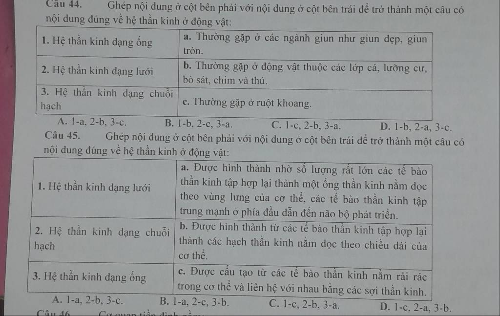 Ghép nội dung ở cột bên phải với nội dung ở cột bên trái để trở thành một câu có
nội dung đúng về hệ thần kinh ở động vật:
B. 1 -b, 2-c, 3 -a. C. 1 -c, 2-b, 3-a. D. 1-b, 2-a, 3-c.
Câu 45. Ghép nội dung ở cột bên phải với nội dung ở cột bên trái để trở thành một câu có
nội dung đúng về hệ thần kinh ở động
3 -b. C. 1-c, 2-b, 3-a. D. 1-c, 2-a, 3-b.
Câu 46