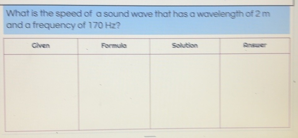 Solved: What is the speed of a sound wave that has a wavelength of 2 m ...