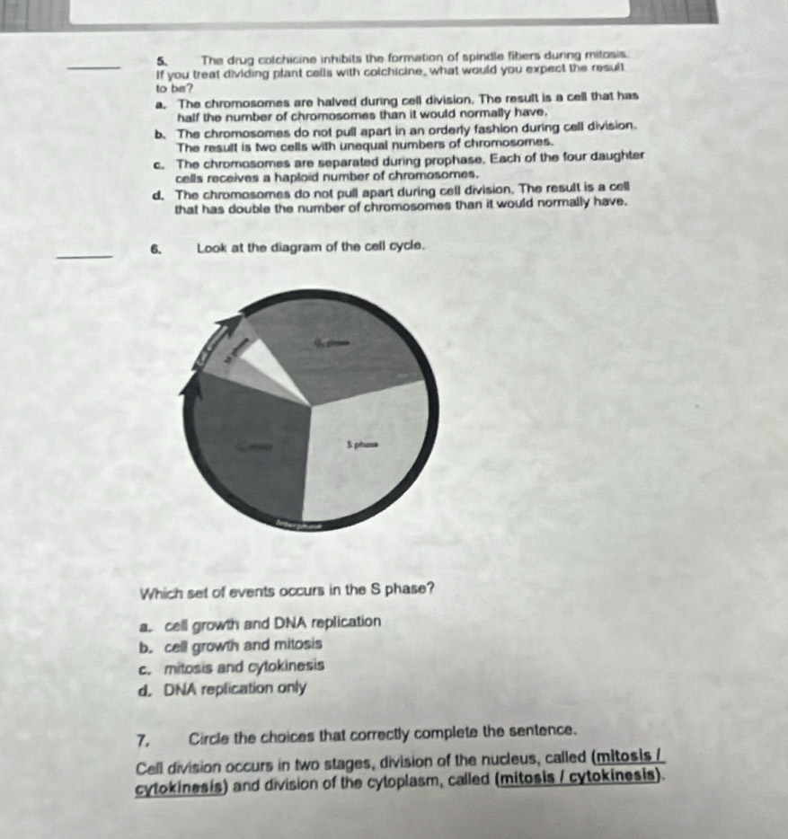 The drug colchicine inhibits the formation of spindle fibers during mitosis.
_If you treat dividing plant cells with colchicine, what would you expect the result
to be?
a. The chromosomes are halved during cell division. The result is a cell that has
half the number of chromosomes than it would normally have.
b. The chromosomes do not pull apart in an orderly fashion during cell division.
The result is two cells with unequal numbers of chromosomes.
c. The chromosomes are separated during prophase. Each of the four daughter
cells receives a haploid number of chromosomes.
d. The chromosomes do not pull apart during cell division. The result is a cell
that has double the number of chromosomes than it would normally have.
_
6. Look at the diagram of the cell cycle.
Which set of events occurs in the S phase?
a. cell growth and DNA replication
b. cell growth and mitosis
c. mitosis and cytokinesis
d. DNA replication only
7, Circle the choices that correctly complete the sentence.
Cell division occurs in two stages, division of the nucleus, called (mitosis /
cytokinesis) and division of the cytoplasm, called (mitosis / cytokinesis).