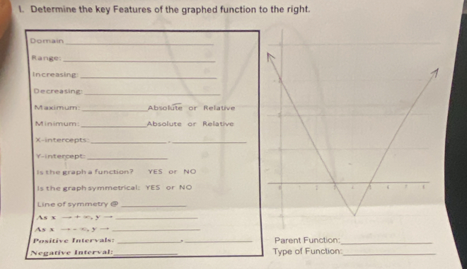 Determine the key Features of the graphed function to the right. 
Domain_ 
Range:_ 
Increasing:_ 
Decreasing: 
_ 
Maximum:_ Absolute or Relative 
Minimum: _Absolute or Relative 
X-intercepts: _._ 
Y-intercept:_ 
Is the graph a function? YES or NO 
Is the graph symmetrical: YES or NO 
Line of symmetry @_ 
As x → P= y _ 
→ ·s · 
_ 
Positive Intervals: __Parent Function:_ 
Negative Interval:_ Type of Function:_