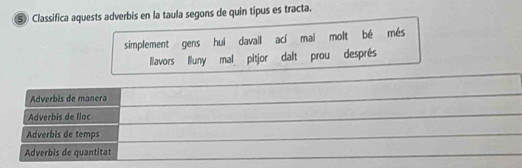 ⑤ Classifica aquests adverbis en la taula segons de quin tipus es tracta.
simplement gens hui davall ací mai molt bé més
llavors Iluny mal pitjor dalt prou després
Adverbis de manera
Adverbis de lloc
Adverbis de temps
Adverbis de quantitat