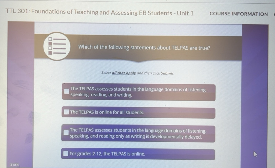 Solved: TTL 301: Foundations of Teaching and Assessing EB Students ...