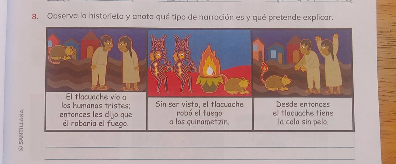 Observa la historieta y anota qué tipo de narración es y qué pretende explicar. 
El tlacuache vio a 
los humanos tristes; Sin ser visto, el tlacuache Desde entonces 
entonces les dijo que robó el fuego el tlacuache tiene 
él robaría el fuego. a los quinametzin. la cola sin pelo. 
_ 
_