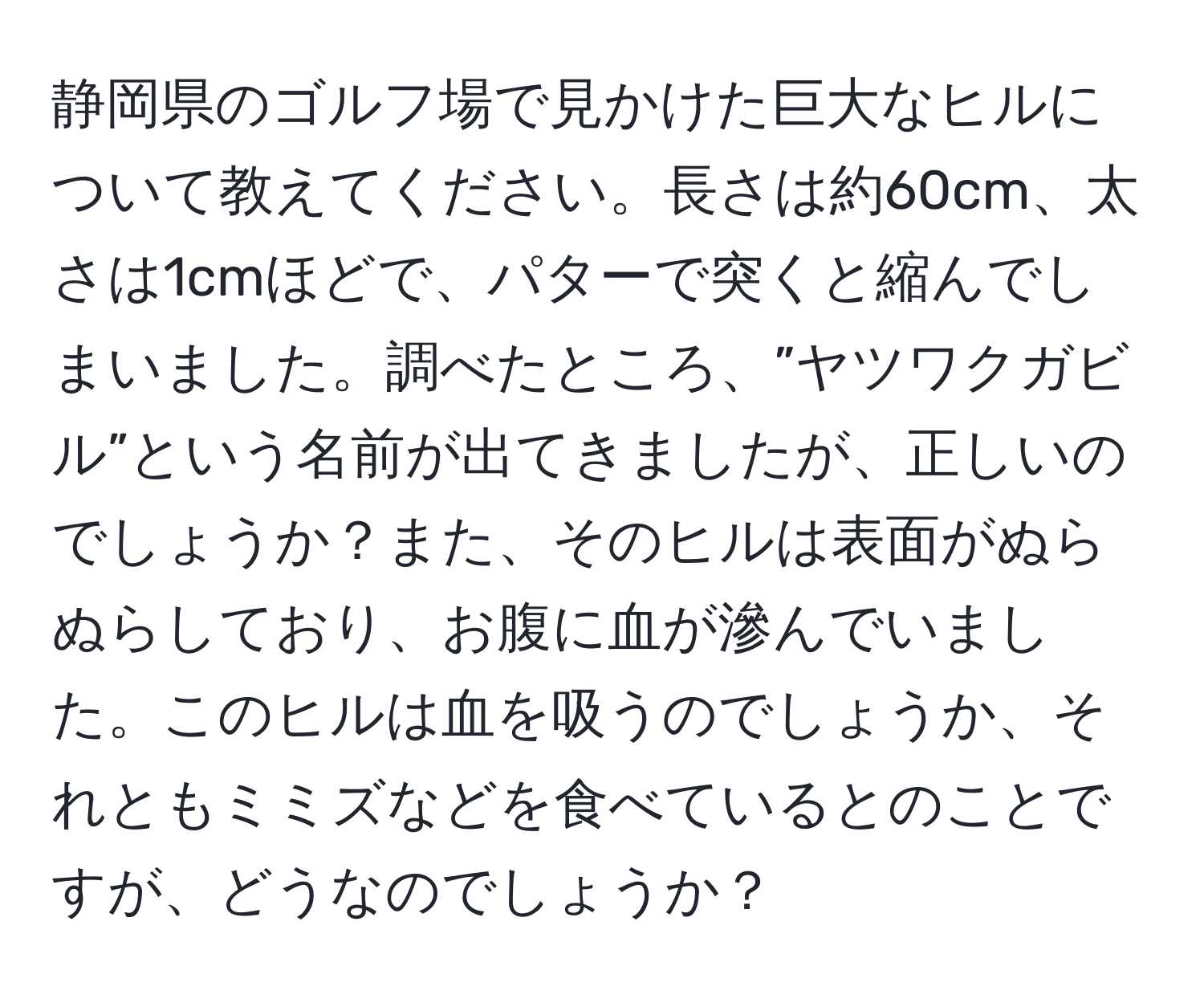 静岡県のゴルフ場で見かけた巨大なヒルについて教えてください。長さは約60cm、太さは1cmほどで、パターで突くと縮んでしまいました。調べたところ、”ヤツワクガビル”という名前が出てきましたが、正しいのでしょうか？また、そのヒルは表面がぬらぬらしており、お腹に血が滲んでいました。このヒルは血を吸うのでしょうか、それともミミズなどを食べているとのことですが、どうなのでしょうか？