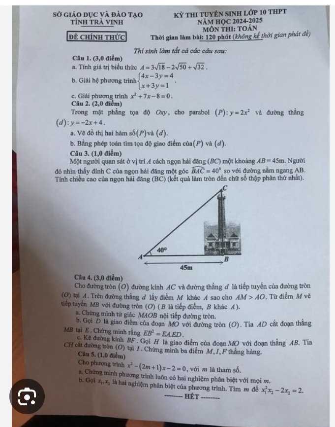 Sở giáo dục và đào tạo Kỳ tHI TUYÊN SINH Lớp 10 tHPT
tỉNH TRà VINH NăM HỌC 2024-2025
MÔN THI: tOán
Đề Chính thức  Thời gian làm bài: 120 phút (không kể thời gian phát đề)
Thí sinh làm tất cá các câu sau:
Câu 1. (3,0 điểm)
a. Tính giá trị biểu thức A=3sqrt(18)-2sqrt(50)+sqrt(32).
b. Giải hệ phương trình beginarrayl 4x-3y=4 x+3y=1endarray. .
c. Giải phương trình x^2+7x-8=0.
Câu 2. (2,0 điểm)
Trong mặt phẳng tọa độ Oxy, cho parabol (P):y=2x^2 và đường thẳng
(d):y=-2x+4.
a. Vẽ đồ thị hai hàm shat 0(P)vhat a(d).
b. Bằng phép toán tìm tọa độ giao điểm cia(P)va(d).
Câu 3. (1,0 điểm)
Một người quan sát ở vị trí A cách ngọn hải đăng (BC) một khoảng AB=45m Người
đó nhìn thấy đỉnh C của ngọn hải đăng một góc widehat BAC=40° so với đường nằm ngang AB.
Tính chiều cao của ngọn hải đăng (BC) (kết quả làm tròn đến chữ số thập phân thứ nhất).
Câu 4. (3,0 điễm)
Cho đường tròn (O) đường kính AC và đường thẳng đ là tiếp tuyến của đường tròn
(O) tại A. Trên đường thẳng đ lấy điểm M khác A sao cho AM>AO Từ điểm M vẽ
tiếp tuyến MB với đường tròn (O) (B là tiếp điểm, B khác A).
a. Chứng minh tứ giác MAOB nội tiếp đường tròn.
b. Gọi D là giao điểm của đoạn MO với đường tròn (O). Tia AD cắt đoạn thẳng
MB tại E . Chứng minh rằng EB^2=EA.ED.
c. Kẽ đường kính BF . Gọi H là giao điểm của đoạn MO với đoạn thẳng AB. Tia
CH cất đường tròn (O) tại 1 . Chứng minh ba điểm M, I,F thẳng hàng.
Câu 5. (1,0 điểm)
Cho phương trình x^2-(2m+1)x-2=0 , với m là tham số.
a. Chứng minh phương trình luôn có hai nghiệm phân biệt với mọi m.
b. Gọi x_1,x_2 là hai nghiệm phân biệt của phương trình. Tìm m để x_1^(2x_2)-2x_2=2.
_Hét_