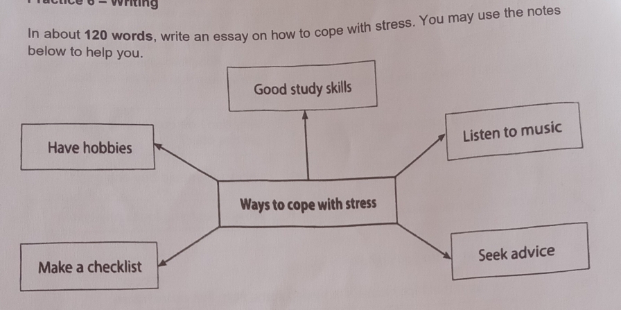 = Wrting 
In about 120 words, write an essay on how to cope with stress. You may use the notes 
below to help you. 
Good study skills 
Listen to music 
Have hobbies 
Ways to cope with stress 
Seek advice 
Make a checklist