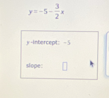 y=-5- 3/2 x
y-intercept： -5
slope: □