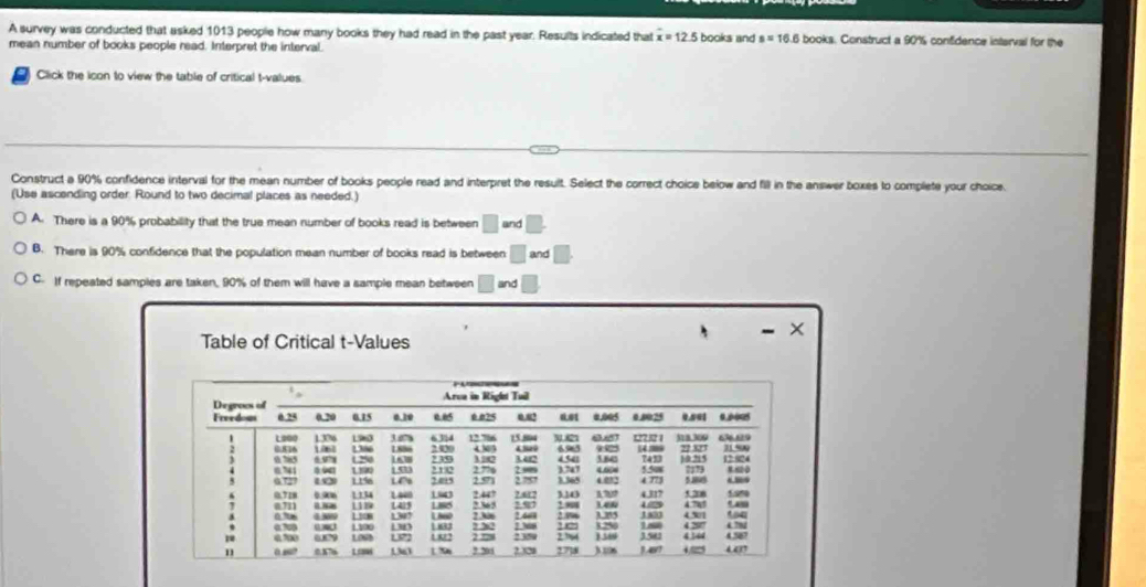 A survey was conducted that asked 1013 people how many books they had read in the past year. Results indicated that x=12.5 books and s=16 6 books. Construct a 90% confidence interval for the
mean number of books people read. Interpret the interval.
Click the icon to view the table of critical t-values
Construct a 90% confidence interval for the mean number of books people read and interpret the result. Select the correct choice below and fill in the answer boxes to complete your choice.
(Use ascending order: Round to two decimal places as needed.)
A. There is a 90% probability that the true mean number of books read is between □ and°
B. There is 90% confidence that the population mean number of books read is between □ and □.
C. If repeated samples are taken, 90% of them will have a sample mean between □ and
Table of Critical t-Values