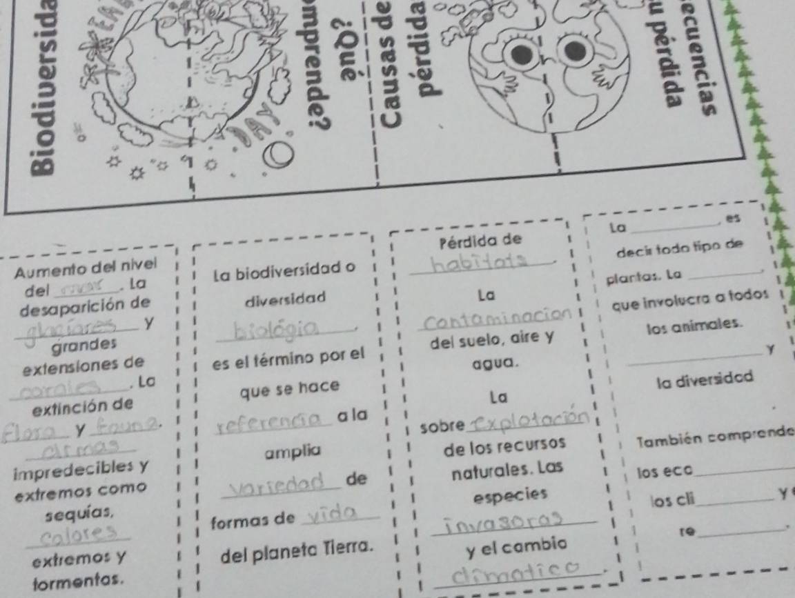 a 
la_ 
, es 
decir todo tipo de 
Aumento del nível _Pérdida de 
plantas. La_ 
del_ . la La biodiversidad o 
_ 
desaparición de diversidad 
La 
que involucra a todos 
. 
grandes 
_extensiones de es el término por el del suelo, aire y _los animales. 
. La agua. Y 
_ 
a la la diversidad 
_extinción de que se hace 
La 
Y _sobre 
. 
_impredecibles y amplia de los recursos También comprende 
de 
naturales. Las 
extremos como_ 
sequías, _los eco_ 
_ 
formas de _especies 
|os cli y 
re_ 
extremos y 
del planeta Tierra. 
tormentas. _y el cambio