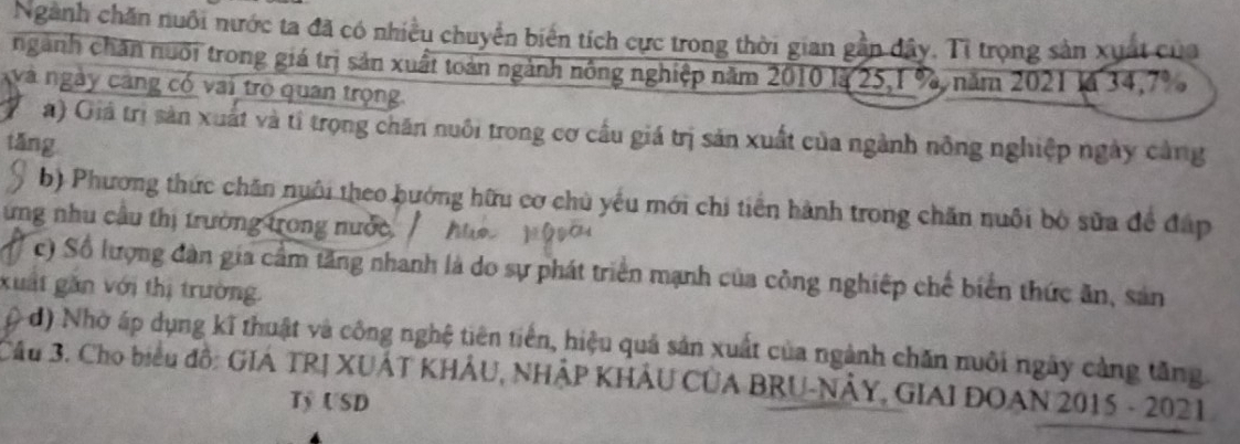 Ngành chăn nuôi nước ta đã có nhiều chuyển biển tích cực trong thời gian gần đây. Tỉ trọng sản xuất của
ngành chăn nuới trong giá trị sản xuất toàn ngành nông nghiệp năm 2010 là 25, 1 %, năm 2021 là 34, 7%
và ngày cang có vai trò quan trọng
a) Giá trị sản xuất và tỉ trọng chăn nuôi trong cơ cầu giá trị sản xuất của ngành nông nghiệp ngày cảng
tǎng
b) Phương thức chăn nuôi theo hướng hữu cơ chủ yếu mới chi tiến hành trong chăn nuôi bộ sửa đề đáp
ưng nhu cầu thị trường trong nước
c) Số lượng đàn gia cầm tăng nhanh là do sự phát triển mạnh của công nghiệp chế biển thức ăn, sản
xuất găn với thị trường.
d) Nhờ áp dụng kĩ thuật và công nghệ tiên tiến, hiệu quả sản xuất của ngành chăn nuôi ngày cảng tăng.
Câu 3. Cho biểu đồ: GIÁ TRJ XUÂT KHÂU, NHẢP KHÂU CÚA BRU-NÂY, GIAI DOAN 2015 - 2021
Tỷ USD