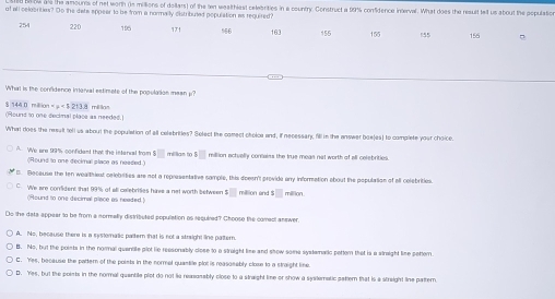 mourns of net worth (s millions of dollars) of the len wealt hiest relebrities in a rountry. Construct a 99% confdence interval. What does the result tell us about the aspulation
at all celoprities? Do the dare sppeer to be from a normally distributed population as required? 163 155 155 155 155
254 220 195 11 966 。
What is the confidence interval estimete of the population mean p?
$ 145 0 m4 m=mu <5.213.8
(Hound to one decimal placs as needed.) mililian
What does the resuit tell us about the population of all celebrities? Select the comect choice and, if necessary, fill in the answer boe(es) to complete your choice
We are 995s confient that the intercal bom $□ milliam to ! 3□ million actually corrains the true mean net worth of all celebrities .
Round to one decimal place as needed 
B. Beceuse the ten wealthiest celobrities are not a representative sample, this doesn't provide ony information about the population of ell colebrition
C. We are coritent that 99% of all celebrises hires a not worth between 5□ million and $ $□ milllion
( ound to one decimal place as neaded 
Do the deta appear to be from a normelly distributed population as required? Chooso the comect anewer
A. No, because there is a systematic pattern that is not a straigh! line pattern
B. No, but the points in the normal quentie plot lie reesonably close to a straight like and show some systematic pettem that is a straight like petrter
C. Yes, because the pattern of the points in the normel quantile plot is reasasebly close to a straight line
D. Yes, but the poists in the normal quentile plot do not lis reasasably close to a straight line or show a syslematic paktern that is a streight line pattern