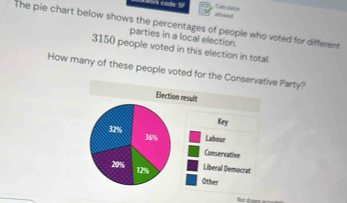 ok work code: 5F Calculator
alowed
The pie chart below shows the percentages of people who voted for different
parties in a local election.
3150 people voted in this election in total.
How many of these people voted for the Conservative Party?
Election result
Key
Labour
Conservative
Liberal Democrat
Other
Not drawn acor