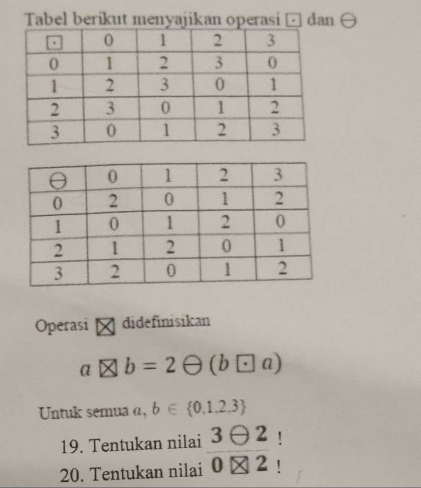 Tabel berik t menyajikan operasi ü da 
Operasi didefinisikan
aotimes b=2Theta (b□ a)
Untuk semua α, b∈  0,1,2,3
19. Tentukan nilai  3θ 2/8 2endarray! 
20. Tentukan nilai !