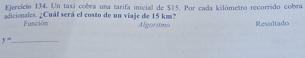 Un taxi cobra una tarifa inicial de $15. Por cada kilómetro recorrido cobra 
adicionales. ¿Cuál será el costo de un viaje de 15 km? 
Función Algoritmo Resultado 
_ y=_ 