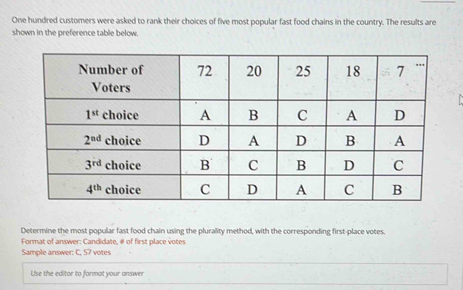 One hundred customers were asked to rank their choices of five most popular fast food chains in the country. The results are
shown in the preference table below.
Determine the most popular fast food chain using the plurality method, with the corresponding first-place votes.
Format of answer: Candidate, # of first place votes
Sample answer: C, 57 votes
Use the editor to format your answer