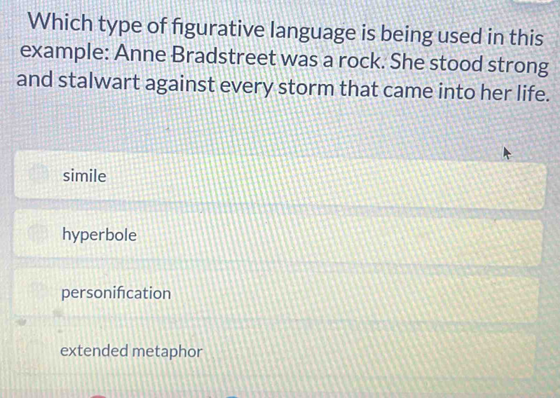 Solved: Which type of figurative language is being used in this example ...
