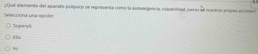 0."
¿Qué elemento del aparato psíquico se representa como la autoexigencia, culpabilidad, jueces dé nuestras propias acciones?
Selecciona una opción
Superyó
Ello
Yo