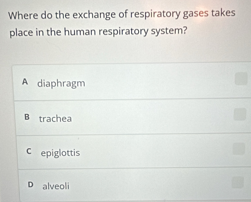 Where do the exchange of respiratory gases takes
place in the human respiratory system?
A diaphragm
B trachea
c epiglottis
D alveoli