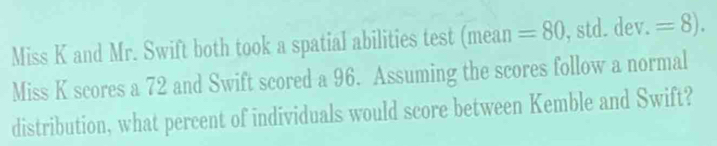 Miss K and Mr. Swift both took a spatial abilities test (mean=80 , std. dev. =8). 
Miss K scores a 72 and Swift scored a 96. Assuming the scores follow a normal 
distribution, what percent of individuals would score between Kemble and Swift?