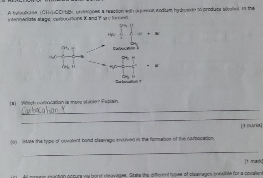 A haloalkane, (CH₃)₃C CH_2Br r, undergoes a reaction with aqueous sodium hydroxide to produce alcohol. In the
intermediate stage, carbocations X and Y are formed.
B
Br
(a) Which carbocation is more stable? Explain.
_
_
[3 marks]
(b) State the type of covalent bond cleavage involved in the formation of the carbocation.
_
[1 mark)
(c)  All organic reaction occurs via bond cleavages. State the different types of cleavages possible for a covalent