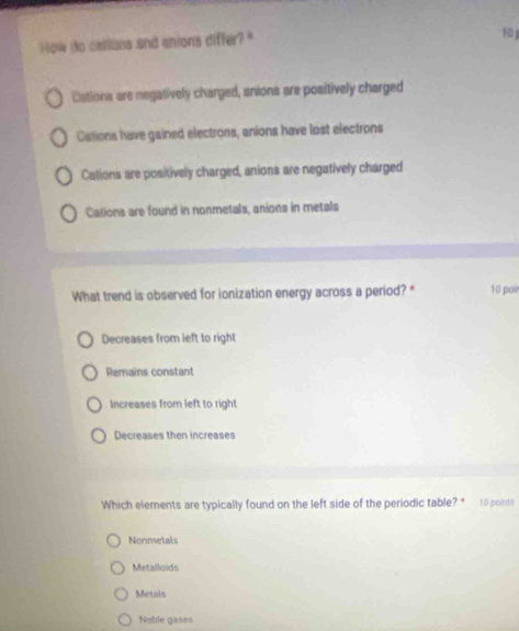 ow do callans and anions differ? '

Ostions are negatively charged, anions are positively charged
Cations have gained electrons, anions have lost electrons
Cations are positively charged, anions are negatively charged
Cations are found in nonmetals, anions in metals
What trend is observed for ionization energy across a period? * 10 pair
Decreases from left to right
Remains constant
Increases from left to right
Decreases then increases
Which elements are typically found on the left side of the periodic table? * 10 points
Nonmetals
Metalloids
Metais
Noble gases