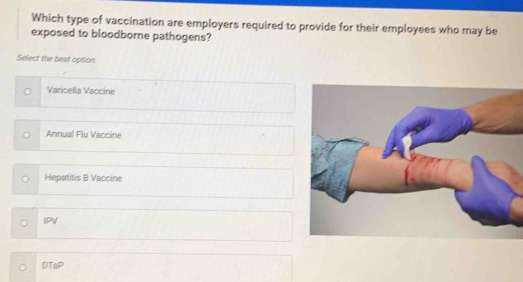 Which type of vaccination are employers required to provide for their employees who may be
exposed to bloodborne pathogens?
Select the best option.
Varicella Vaccine
Annual Flu Vaccine
Hepatitis B Vaccine
IPV
DTaP