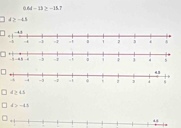 0.6d-13≥ -15.7
d≥ -4.5
d≥ 4.5
d>-4.5