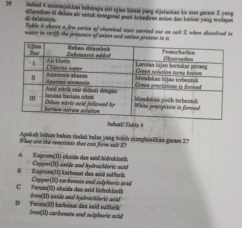 Jadual 4 menunjukkan beberapa siri ujian kimia yang dijalankan ke atas garam Z yang
dilarutkan di dalam air untuk mengenal pasti kehadiran aníon dan kation yang terdapat
di dalamnya.
Table 4 shows a few series of chemical tests carried out on salt Z when dissolved in
water to verify the presence of anion and cation present in it.
Jadual/ Table 4
Apakah bahan-bahan tindak balas yang boleh menghasilkan garam Z?
What are the reactants that can form salt Z?
A Kuprum(II) oksida dan asid hidroklorik
Copper(II) oxide and hydrochloric acid
B Kuprum(II) karbonat dan asid sulfurik
Copper(II) carbonate and sulphuric acid
C Ferum(II) oksida dan asid hidroklorik
Iron(II) oxide and hydrochloric acid
D Ferum(II) karbonat dan asid sulfurik
Iron(II) carbonate and sulphuric acid