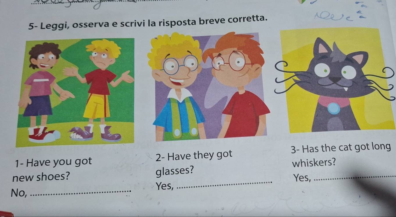 5- Leggi, osserva e scrivi la risposta breve corretta.
3- Has the cat got long
1- Have you got 2 - Have they got
_
new shoes? whiskers?
glasses?
Yes,
_
Yes,
No,