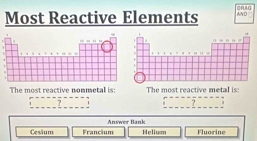 DRAG
Most Reactive Elements
AND
1
The most reactive nonmetal is: The most reactive metal is:
? |
? 1
Answer Bank
Cesium Francium Helium Fluorine