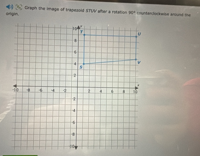 ) Graph the image of trapezoid STUV after a rotation 90° counterclockwise around the 
origin.