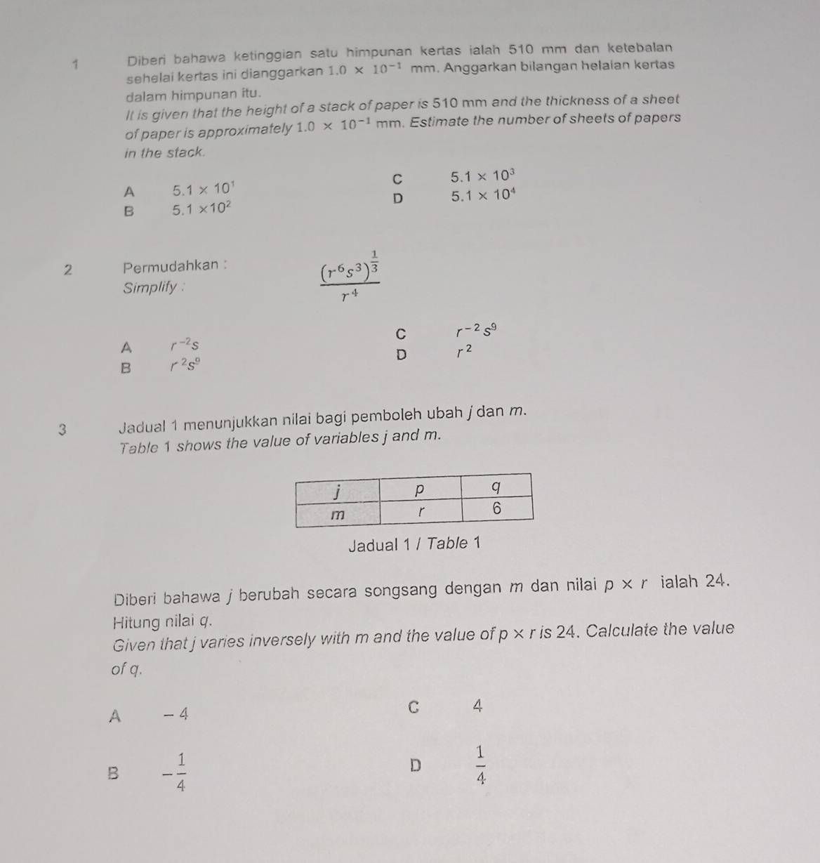 Diberi bahawa ketinggian satu himpunan kertas ialah 510 mm dan ketebalan
sehelai kertas ini dianggarkan 1.0* 10^(-1) n nn 1 . Anggarkan bilangan helaian kertas
dalam himpunan itu.
It is given that the height of a stack of paper is 510 mm and the thickness of a sheet
of paper is approximately 1.0* 10^(-1)mm. Estimate the number of sheets of papers
in the stack.
C 5.1* 10^3
A 5.1* 10^1
D 5.1* 10^4
B 5.1* 10^2
2 Permudahkan :
Simplify
frac (r^6s^3)^ 1/3 r^(-4)
C r^(-2)s^9
A r^(-2)s
D r^2
B r^2s^9
3 Jadual 1 menunjukkan nilai bagi pemboleh ubah j dan m.
Table 1 shows the value of variables j and m.
Jadual 1 / Table 1
Diberi bahawa j berubah secara songsang dengan m dan nilai p* r ialah 24.
Hitung nilai q.
Given that j varies inversely with m and the value of p* r is 24. Calculate the value
of q.
A - 4
C 4
B - 1/4 
D  1/4 