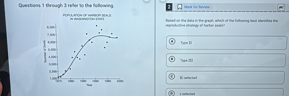 through 3 refer to the following. Mark for Review
2
NBC
POPULATION OF HARBOR SEALS
IN WASHINGTON STATE Based on the data in the graph, which of the following best identifies the
8,500 reproductive strategy of harbor seals?
7,500
6,500 Type II
5,500
4,500 Type III
3,500
2,500
K-selected
1,500 1975 1980 1985 1990 1995 2000
Year
r-selected