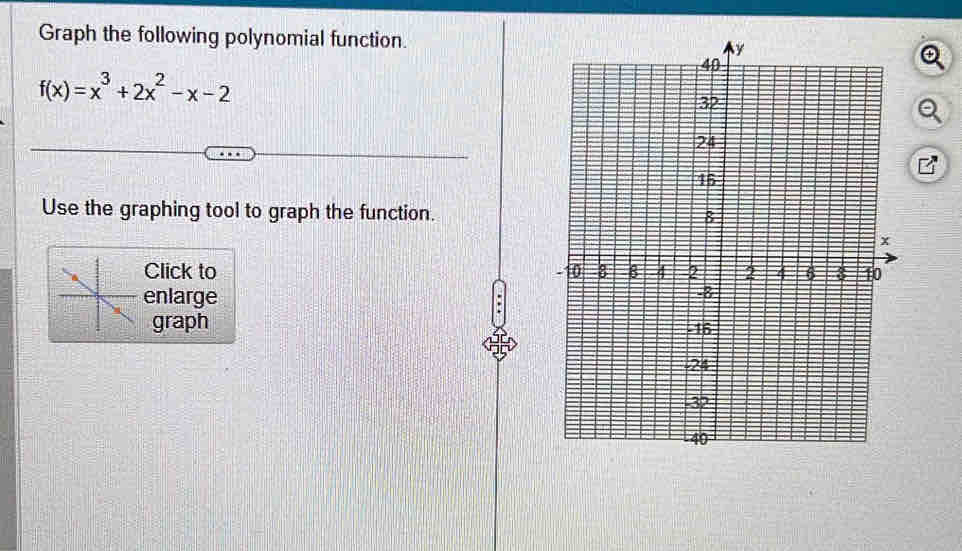 Graph the following polynomial function.
f(x)=x^3+2x^2-x-2
Use the graphing tool to graph the function. 
Click to 
enlarge 
graph