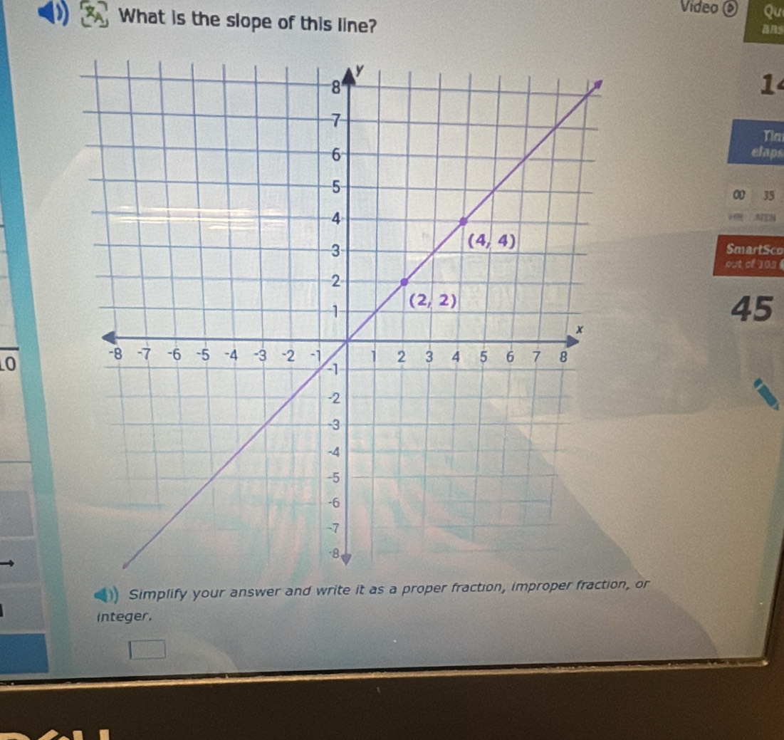 Video ⑥ Qu
D What is the slope of this line?
ans
1
Tla
elaps
00 35
SmartSco
out of 1 03 (
45
O
Simplify your answer and write it as a proper fraction, improper fraction, or
integer,