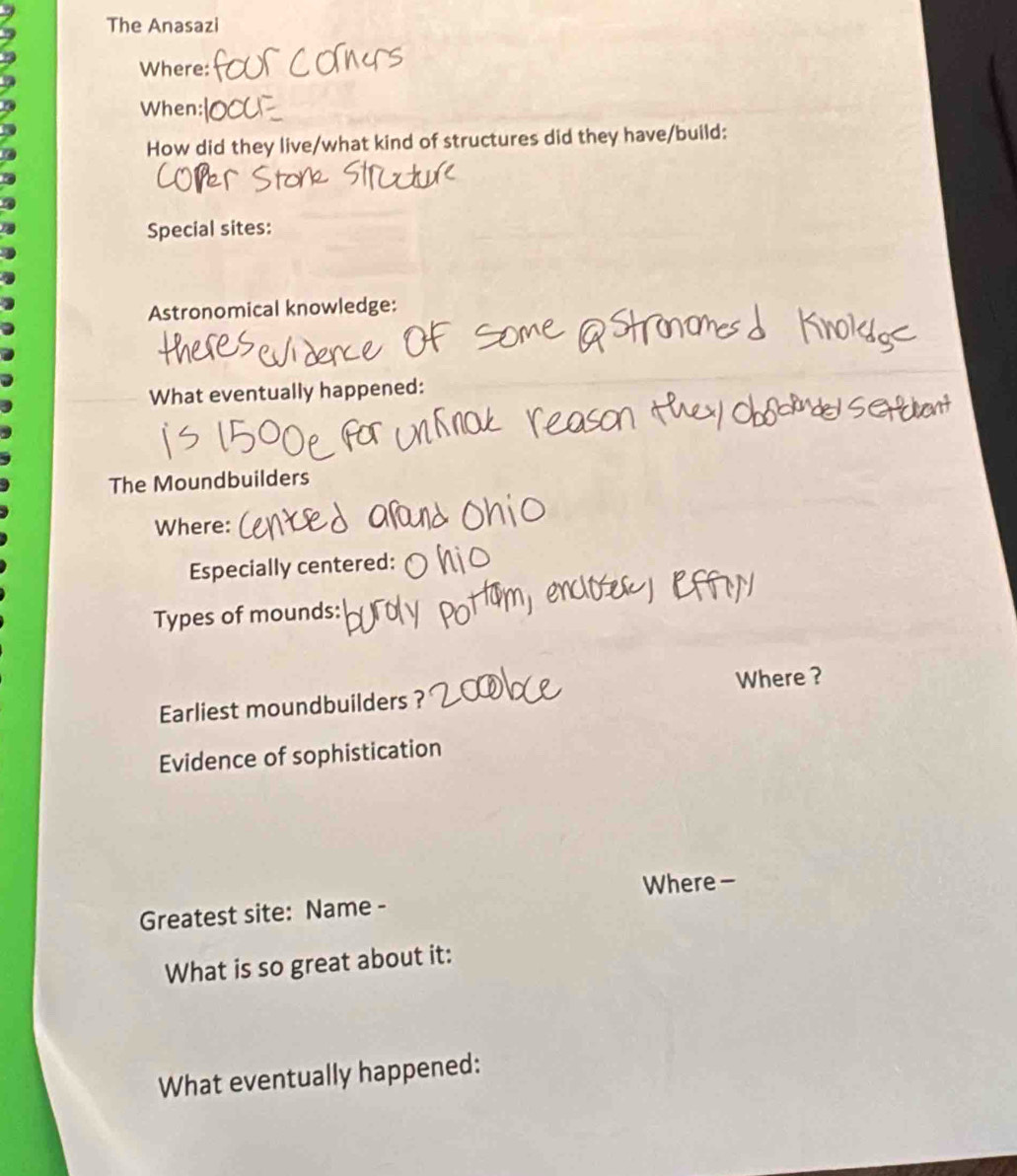 The Anasazi 
Where: 
When: 
How did they live/what kind of structures did they have/build: 
Special sites: 
Astronomical knowledge: 
What eventually happened: 
The Moundbuilders 
Where: 
Especially centered: 
Types of mounds: 
Earliest moundbuilders ? Where ? 
Evidence of sophistication 
Greatest site: Name - Where - 
What is so great about it: 
What eventually happened: