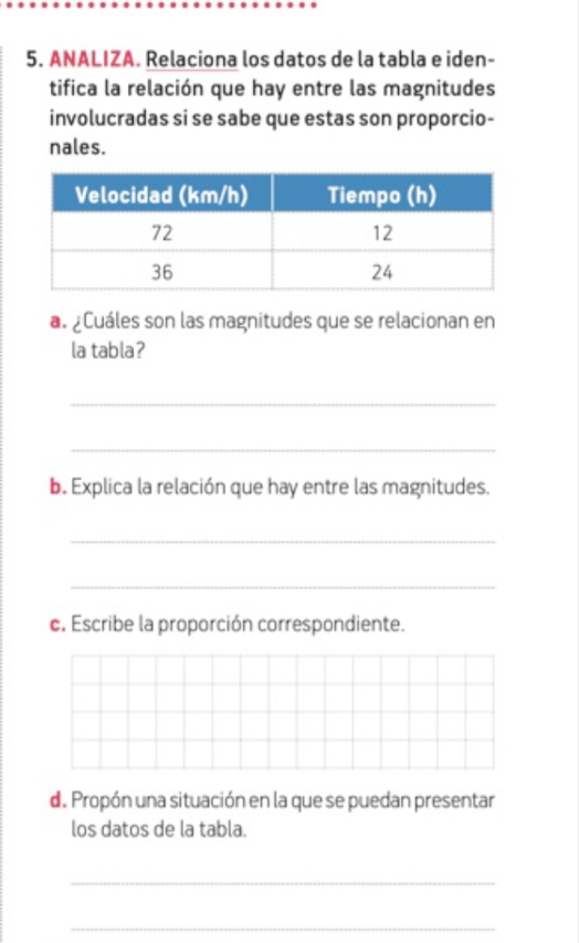 ANALIZA. Relaciona los datos de la tabla e iden- 
tifica la relación que hay entre las magnitudes 
involucradas si se sabe que estas son proporcio- 
nales. 
a. ¿Cuáles son las magnitudes que se relacionan en 
la tabla? 
_ 
_ 
b. Explica la relación que hay entre las magnitudes. 
_ 
_ 
c. Escribe la proporción correspondiente. 
d. Propón una situación en la que se puedan presentar 
los datos de la tabla. 
_ 
_