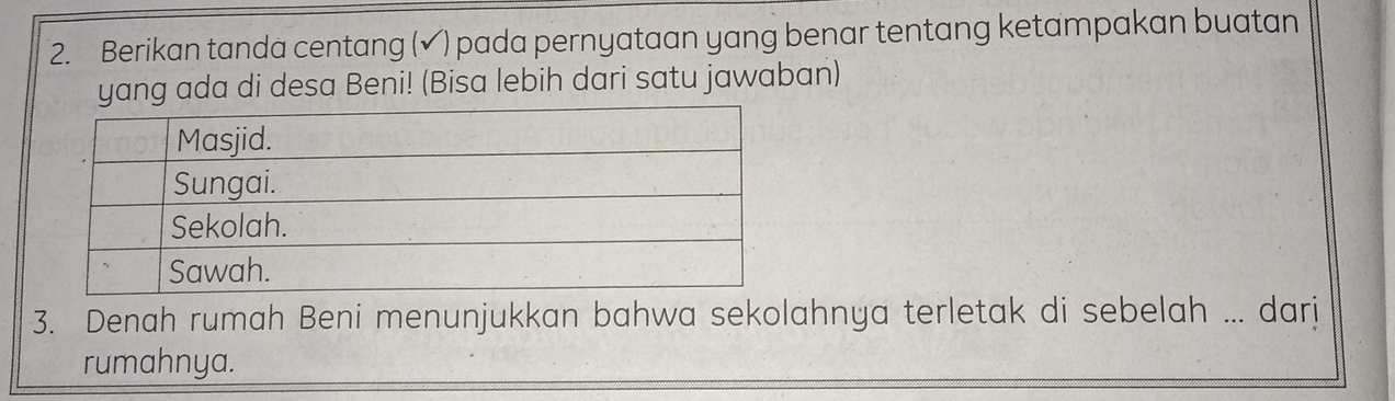 Berikan tanda centang (√) pada pernyataan yang benar tentang ketampakan buatan 
yang ada di desa Beni! (Bisa lebih dari satu jawaban) 
3. Denah rumah Beni menunjukkan bahwa sekolahnya terletak di sebelah ... darj 
rumahnya.