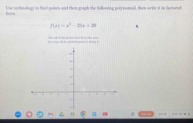 Use technology to find points and then graph the following polynomial, then write it in factored 
form.
f(x)=x^3-21x+20
Plot all of the points that fit on the axes. 
You may click a plotted point to delete it. 
M Sign out Oct 20 5:22 US