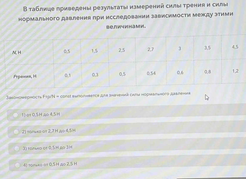 В таблице приведень результать измерений силы трения и силы
нормального давления при исследовании зависимости между этими
величинами.
Закономерность Εтр/Ν = сопsť вылолняется для значений силы нормального давления
1) oτ 0, 5 H дo 4,5H
2) τοльκо оτ 2, 7 Η до 4,5 H
3) τοльκο οτ 0,5 Η до 3 Η
4) τοльκо оτ 0,5 Η до 2,5 H