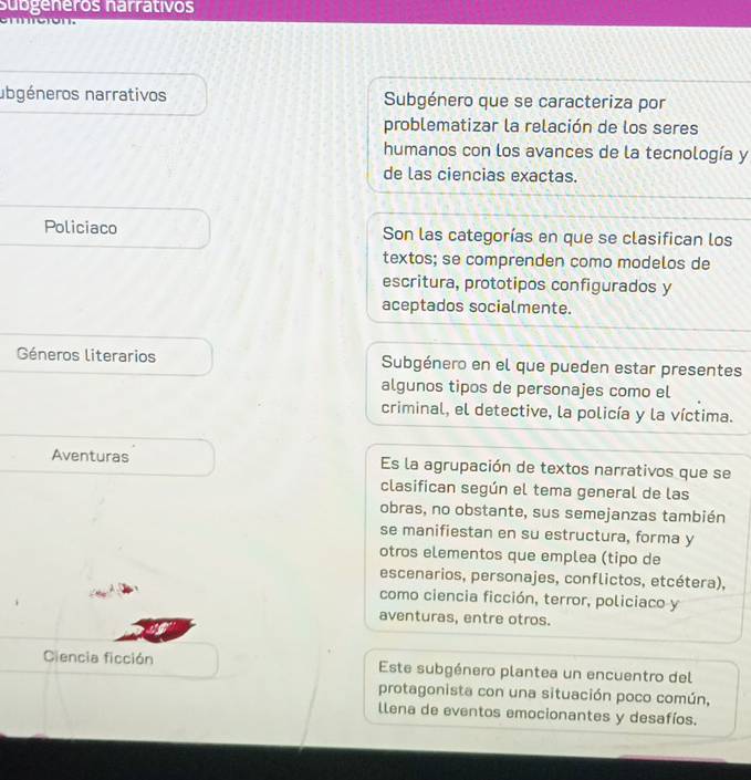 Subgeneros narrativos

abgéneros narrativos Subgénero que se caracteriza por
problematizar la relación de los seres
humanos con los avances de la tecnología y
de las ciencias exactas.
Policiaco Son las categorías en que se clasifican los
textos; se comprenden como modelos de
escritura, prototipos configurados y
aceptados socialmente.
Géneros literarios Subgénero en el que pueden estar presentes
algunos tipos de personajes como el
criminal, el detective, la policía y la víctima.
Aventuras Es la agrupación de textos narrativos que se
clasifican según el tema general de las
obras, no obstante, sus semejanzas también
se manifiestan en su estructura, forma y
otros elementos que emplea (tipo de
escenarios, personajes, conflictos, etcétera),
como ciencia ficción, terror, policiaco y
aventuras, entre otros.
Ciencia ficción Este subgénero plantea un encuentro del
protagonista con una situación poco común,
llena de eventos emocionantes y desafíos.