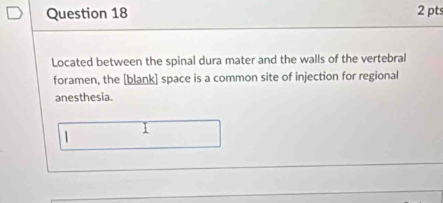 Located between the spinal dura mater and the walls of the vertebral 
foramen, the [blank] space is a common site of injection for regional 
anesthesia. 
|