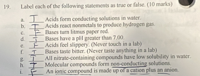 Label each of the following statements as true or false. (10 marks) 
a. _Acids form conducting solutions in water. 
b. _Acids react nonmetals to produce hydrogen gas. 
c. _Bases turn litmus paper red. 
d. _Bases have a pH greater than 7.00. 
e. _Acids feel slippery. (Never touch in a lab) 
f. _Bases taste bitter. (Never taste anything in a lab) 
g _All nitrate-containing compounds have low solubility in water. 
h. _Molecular compounds form non-conducting solutions. 
i. _An ionic compound is made up of a cation plus an anion