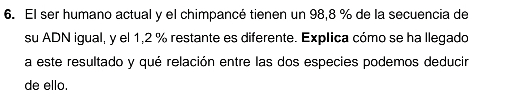 El ser humano actual y el chimpancé tienen un 98,8 % de la secuencia de 
su ADN igual, y el 1,2 % restante es diferente. Explica cómo se ha llegado 
a este resultado y qué relación entre las dos especies podemos deducir 
de ello.