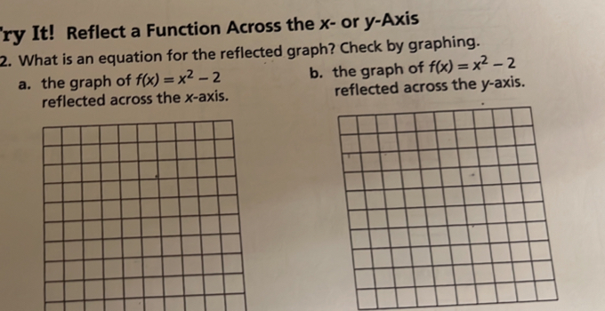 ry It! Reflect a Function Across the x - or y-Axis
2. What is an equation for the reflected graph? Check by graphing.
a. the graph of f(x)=x^2-2 b. the graph of f(x)=x^2-2
reflected across the x-axis. reflected across the y-axis.